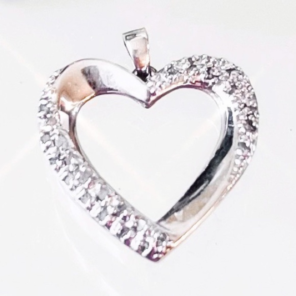 Brilliant Sterling Silver Heart Pendant w/ Genuine Pavé Set Diamond Chips